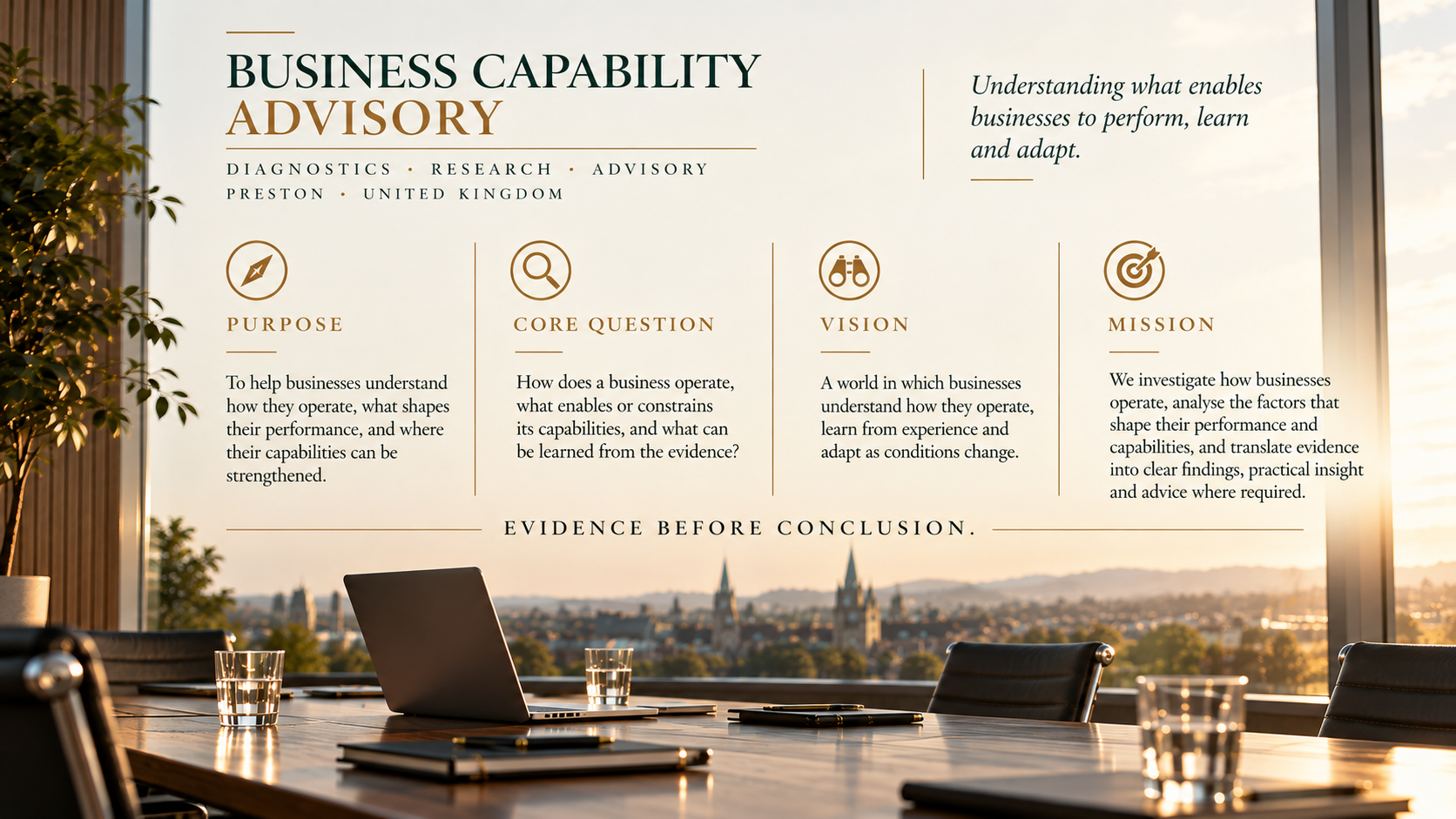Business Capability Advisory statement of purpose, core question, vision and mission, with the principle Evidence Before Conclusion.